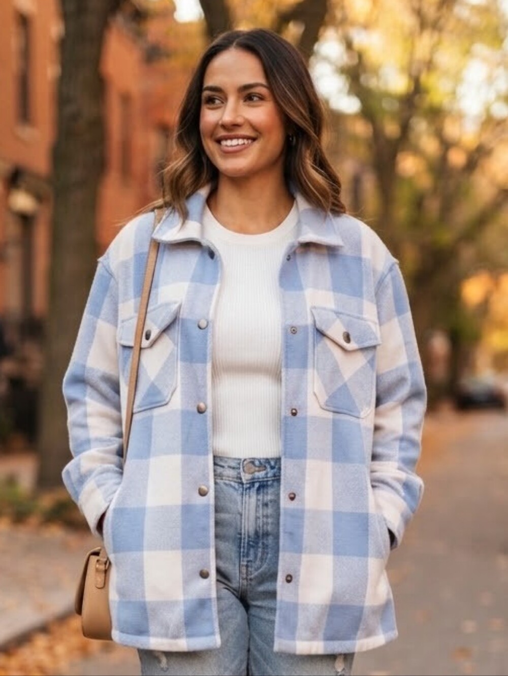 Blue White Plaid Button-Down Shacket Shirt Jacket Wool Blend Size Small HFX